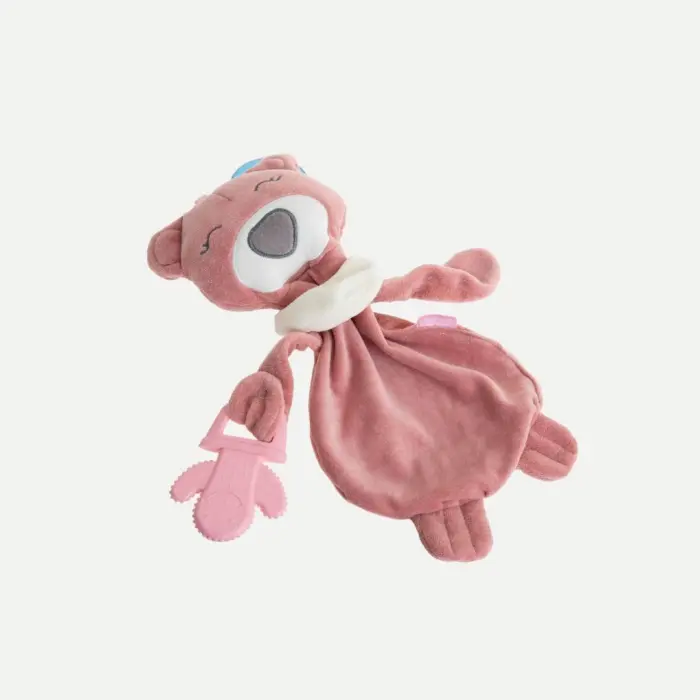 ak-r17b-900417dm-1 Babyjem Мека играчка-ќебенце мече со силиконска глодалка, розево