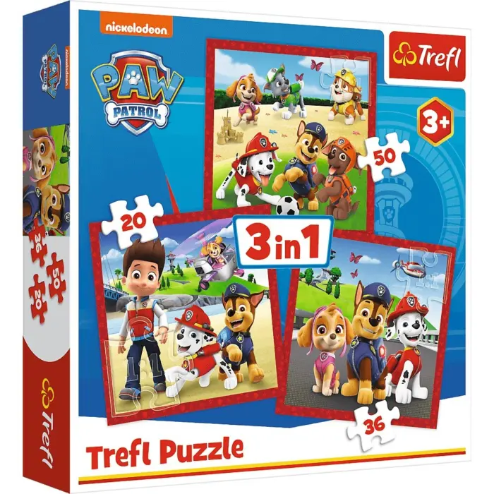 Trefl Puzzle 3 në 1 Paw Patrol – Këlyshë të gëzuar, 20, 36 dhe 50 pjesë