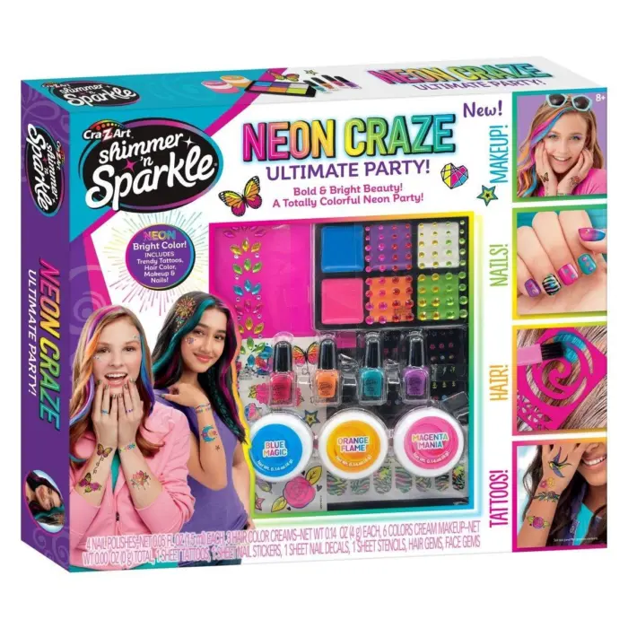 Cra-Z-Art Shimmer 'n Sparkle Сет 4 во 1 Neon Craze за нокти, коса и шминка Cra-Z-Art Shimmer 'n Sparkle Сет 4 во 1 Neon Craze за нокти, коса и шминка