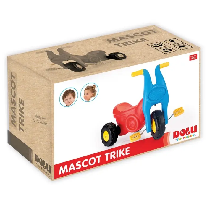 Dolu Triçikël motor Mascot Trike, e kuqe-blu me pedale të verdha
