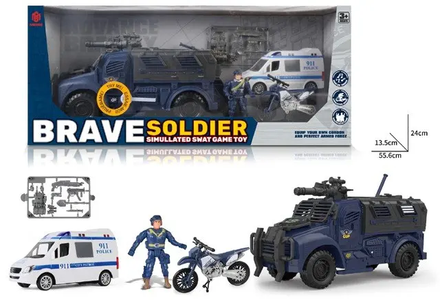 Полициски сет Brave Soldier со оклопно возило, комбе, мотор и фигура