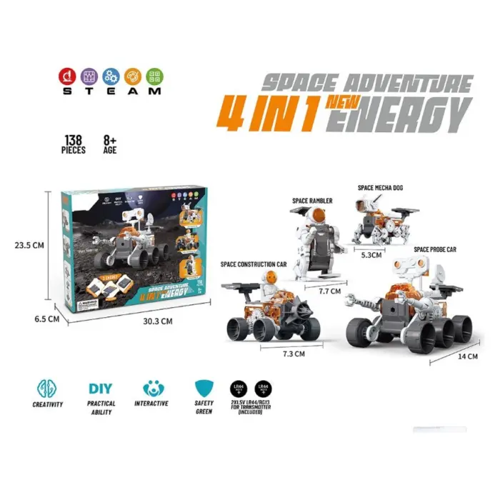 STEMX Set ndërtimi Space Adventure 4 në 1 me panel diellor, 138 pjesë