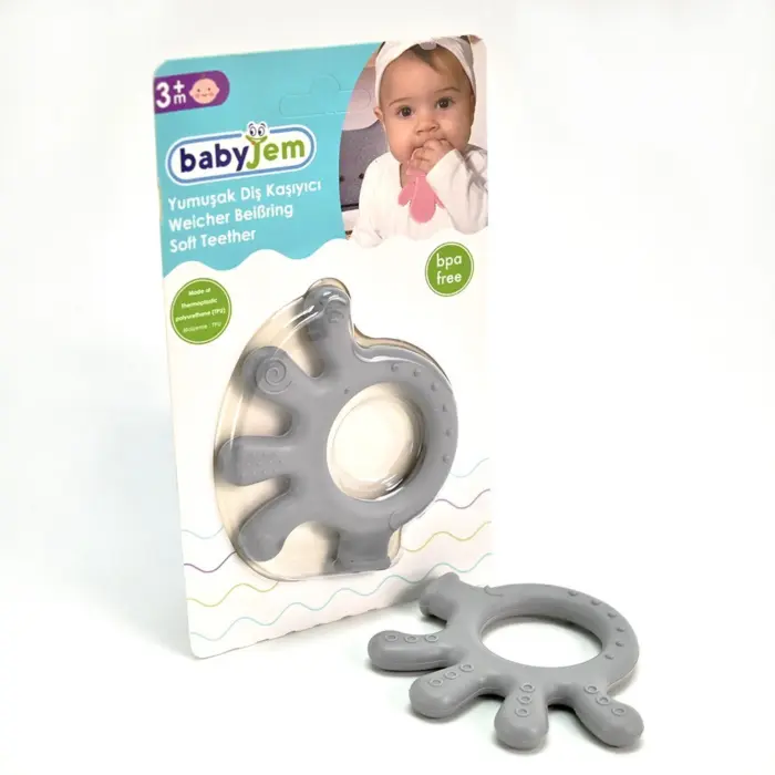 Baby Jem Мека силиконска глодалка во форма на октопод, сива – слика 2
