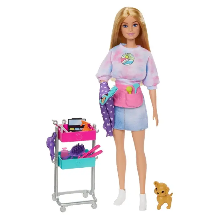BARBIE Kukull Malibu stiliste me këlysh dhe 14 aksesorë, HNK95