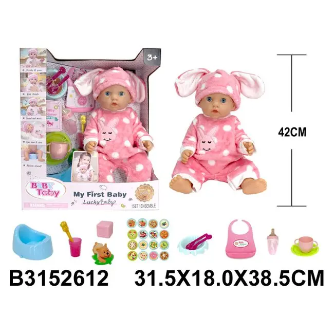 Baby doll 42 cm with sounds and accessories Pink romper and hat with ears · carrier, bottle, bib and accessories · 3+ years