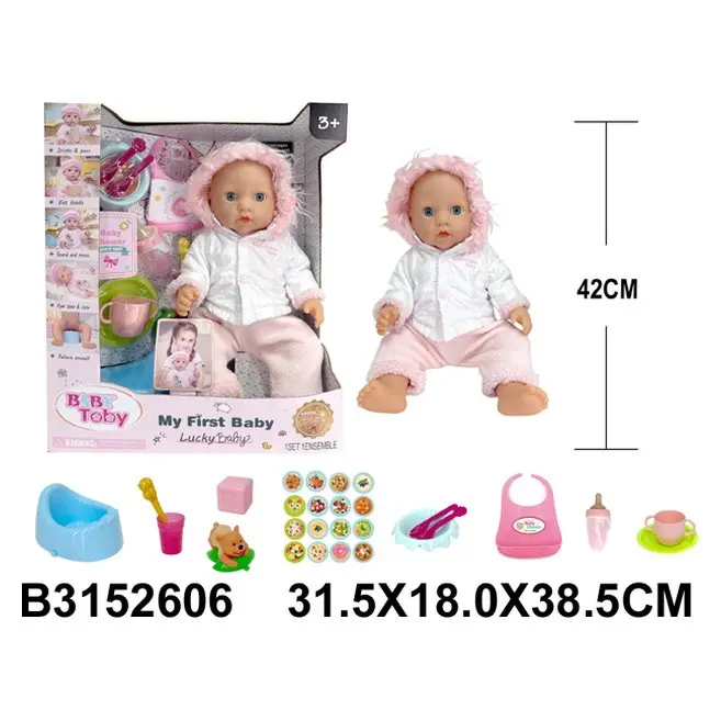 Baby doll 42 cm with sounds and accessories Pink outfit and fur hat · carrier, bottle, bib and accessories · 3+ years