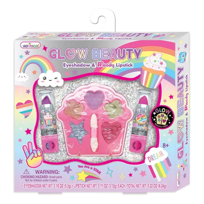 Hot Focus Детски сет за шминкање Glow Beauty, сенки за очи и 2 кармини