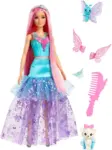 Kukull Barbie “Malibu” me 2 kafshë fantastike dhe fustan – nga seria Touch of Magic, me flokë të gjatë vjollcë