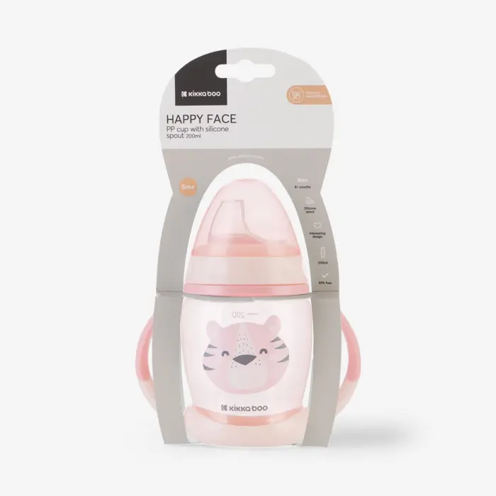 Kikka Boo Шише со рачки и силиконско клунче Happy Face, 200 ml, розево