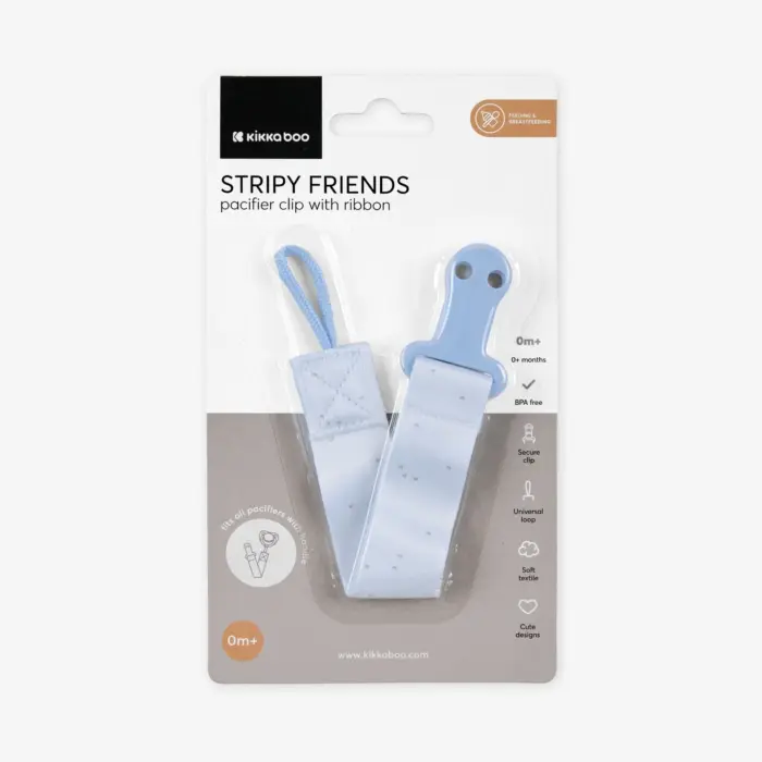 Kikka Boo Држач за цуцла со лента Stripy Friends, сино-бел – слика 3