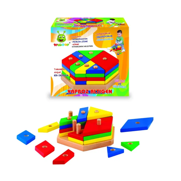 Woodoy Wooden puzzle Hexagon with colorful geometric shapes