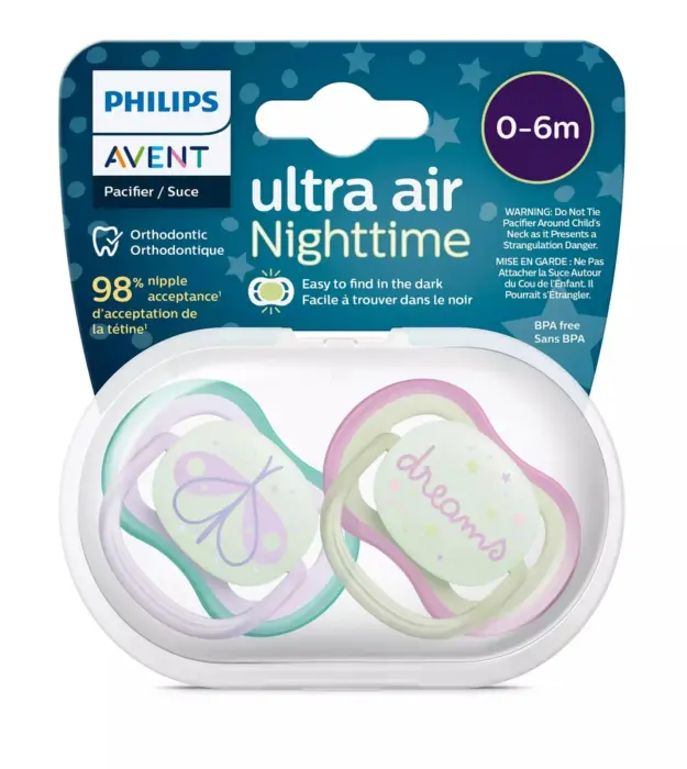 Philips Avent Ноќна цуцла лажалка ultra air 0–6 месеци, 2 парчиња