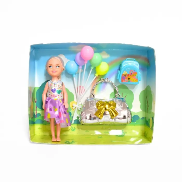 Kukull e vogël Sweet Girl me çantë dhe balona ose kafshë shtëpiake, 14 cm