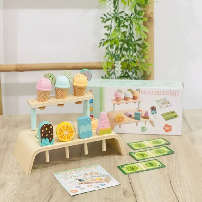 Wooden ice cream shop with magnetic scoops and shelf