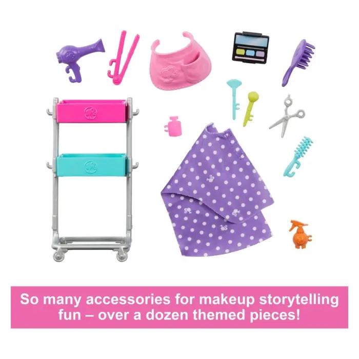 BARBIE Kukull Malibu stiliste me këlysh dhe 14 aksesorë, HNK95
