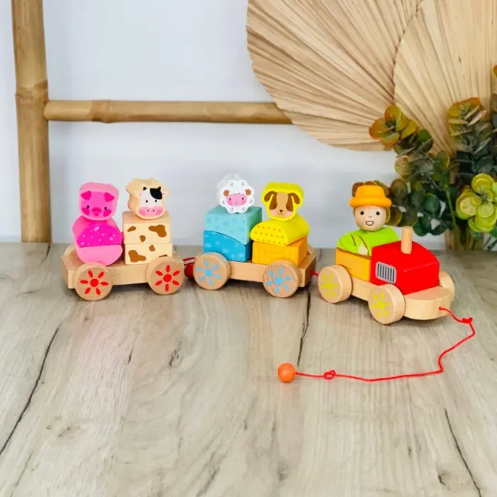 Дрвено возче на влечење – трактор со фармер и животни од фарма, 37 cm