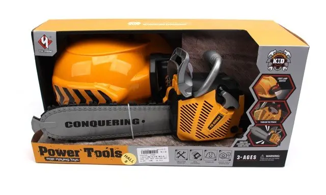 Power Tools tool set – kids' chainsaw and helmet with light