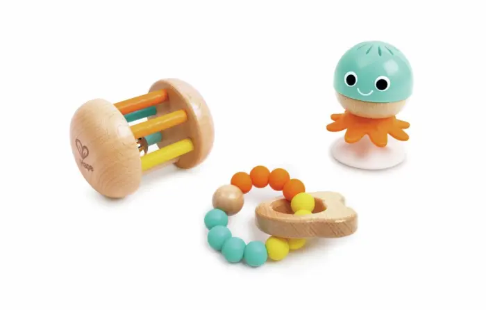 Hape Baby to Toddler Sensory rattle and teether set, 3 pieces