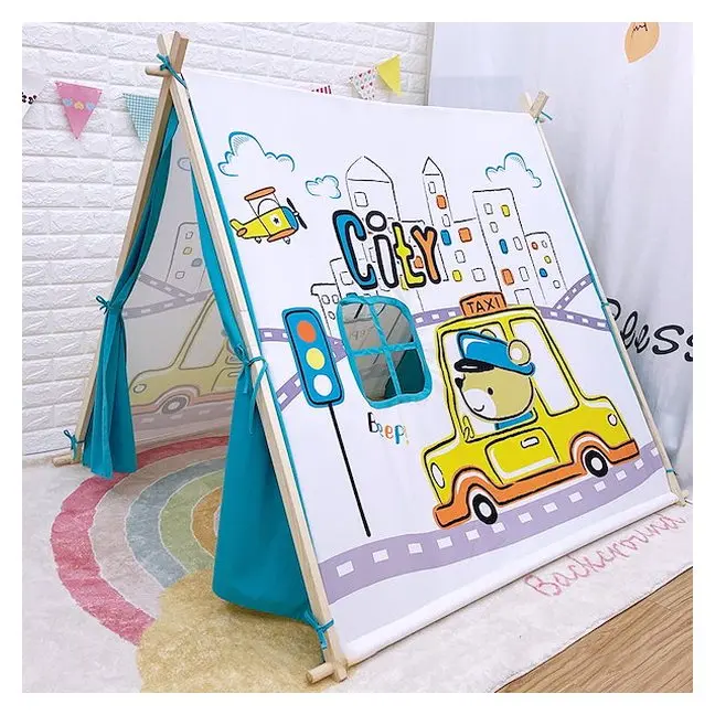 Children's playhouse tent with wooden frame
