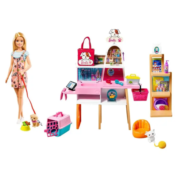 BARBIE Сет за игра Продавница за миленичиња со кукла, над 20 додатоци, GRG90