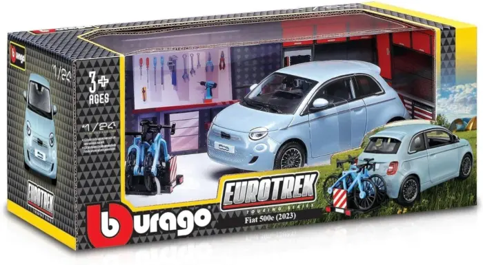 Bburago Eurotrek Fiat 500e метален модел 1:24 со носач за велосипеди, светлосин