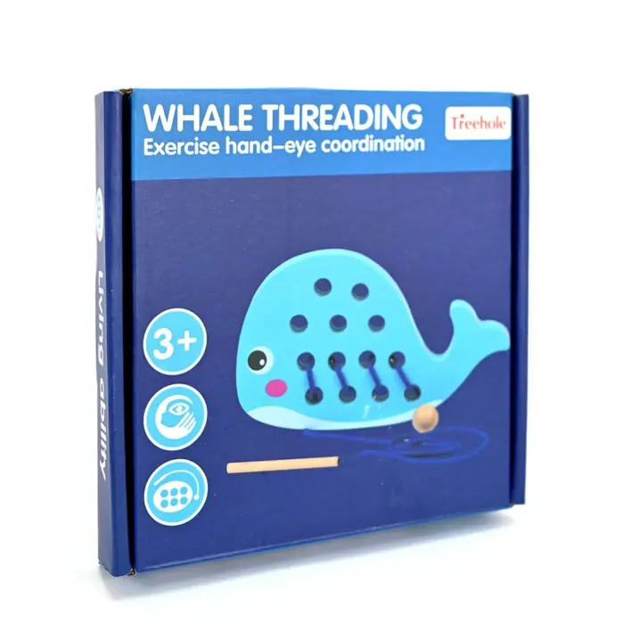 Дрвена играчка за нижење Кит Whale Threading, со врвка и игла – слика 3