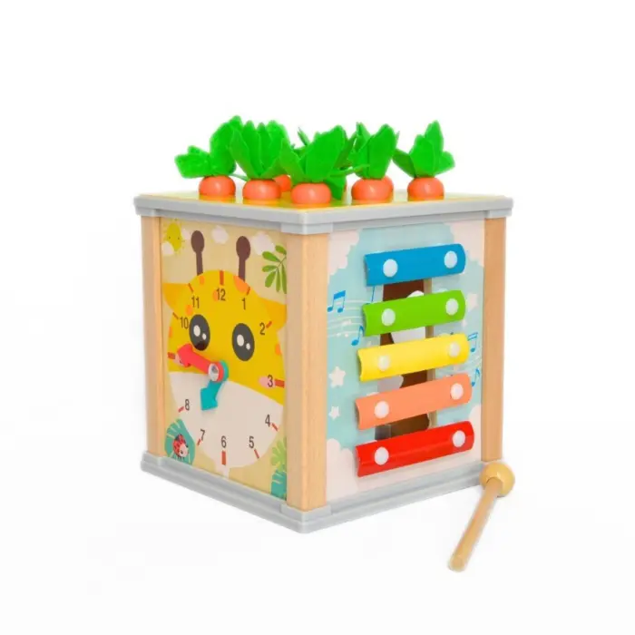 Educational wooden 9-in-1 cube with carrots, xylophone and clock