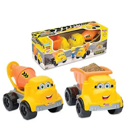 Комплет од две играчки градежни камиони 'Dede' во жолта, сина и црвена боја, со безбеден и шарен дизајн, поставени на бела позадина
