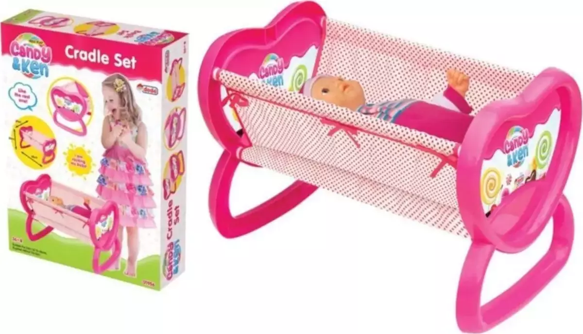 кчк Пластична детска лулашка за кукли 'Dede Candy' во розова, бела и сина боја, со модерен дизајн, поставена на бела позадина