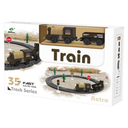 Retro train with track – 35 pieces Battery-operated train with light, wagons and track with signs · 3+ yrs.