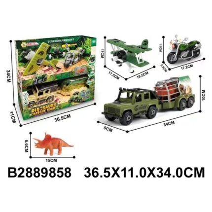 Set automjetesh për montim „Ekspedita Dino“ Xhip me rimorkio, aeroplan, motor dhe dinosaur · 3+ vjeç