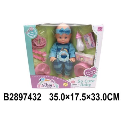 Kukull bebe 35 cm që pi, me zë Bebe me tinguj, biberon, shportë transportuese dhe aksesorë · 3+ vjeç
