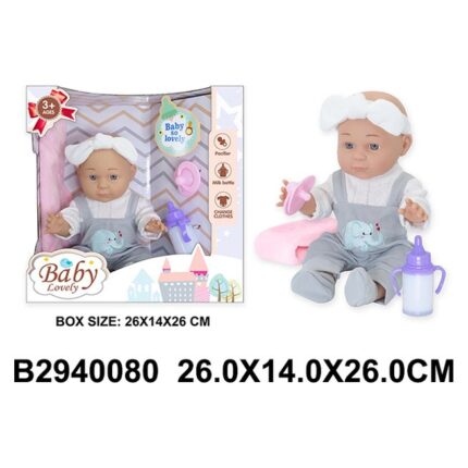Kukull bebe 30 cm me biberon Kukull me kombinezon gri dhe shirit koke, me biberon dhe batanije · 3+ vjeç