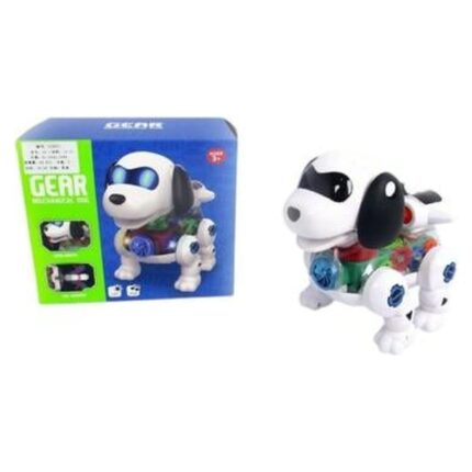 Mechanical dog with gears Battery-operated dog with transparent gears · walks, lights up and plays music · 3+ yrs.