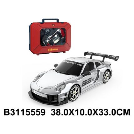 Makinë sportive me telekomandë në valixhe Model sportiv argjendi me spoiler, i paketuar në valixhe · Mosha 6+