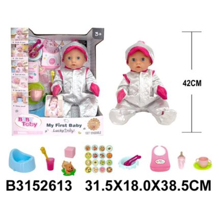 Baby doll 42 cm with sounds and accessories Gray romper and red hat · carrier, bottle, bib and accessories · 3+ years