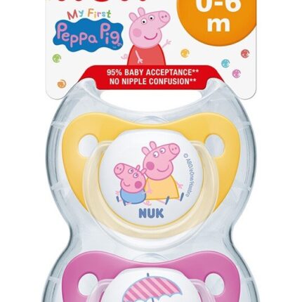 NUK Силиконска цуцла лажалка Peppa Pig, 0–6 месеци, 2 парчиња (асортиман)