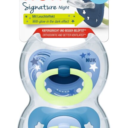 NUK Цуцла лажалка Signature Night, свети во темно, 6–18 месеци, 2 парчиња