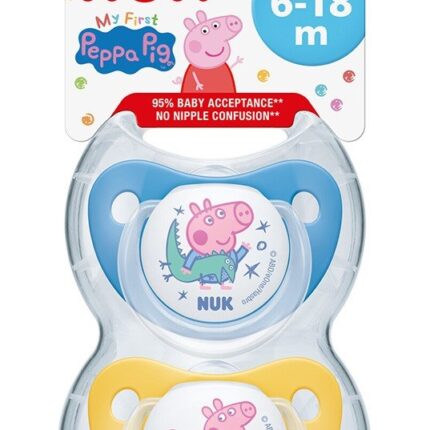 NUK Силиконска цуцла лажалка Peppa Pig, 6–18 месеци, 2 парчиња (асортиман)