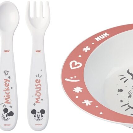 NUK Set ushqimi Disney Mickey Mouse: gotë, pjatë, lugë dhe pirun, 9+ muaj