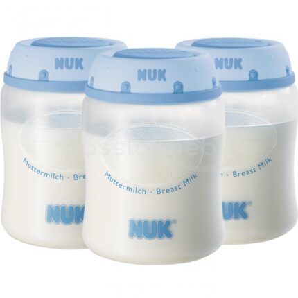 NUK Enë për ruajtjen e qumështit të gjirit me kapakë, 150 ml, set me 3