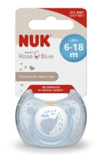 NUK Baby Blue latex soother with elephant, 6–18 months, blue