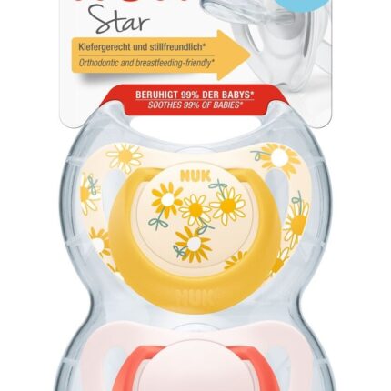NUK Силиконска цуцла лажалка Star, 6–18 месеци, 2 парчиња (асортиман)