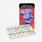 Double Six dominoes with colored dots, 28 tiles in a box