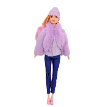 Модна кукла со бунда, капа и фармерки, висока 30 cm – слика 2