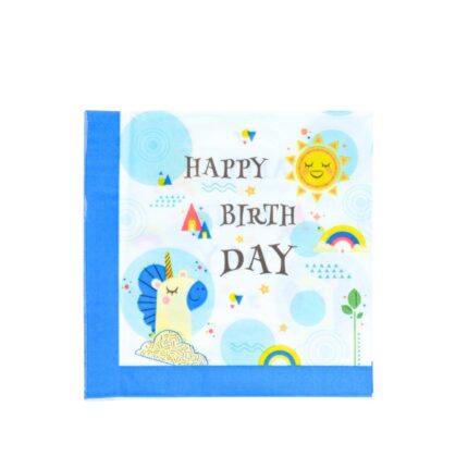 Роденденски салфети Happy Birthday со еднорог, 20 парчиња, сини