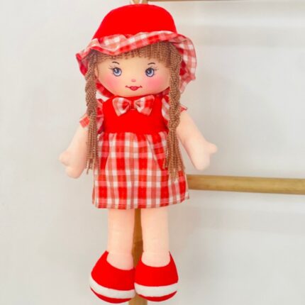 Мека кукла со капа, плетенки и карирано фустанче, 40 cm