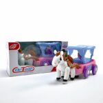 Cartoon battery-operated toy horse with carriage, white and pink – image 2