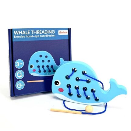 Дрвена играчка за нижење Кит Whale Threading, со врвка и игла – слика 2