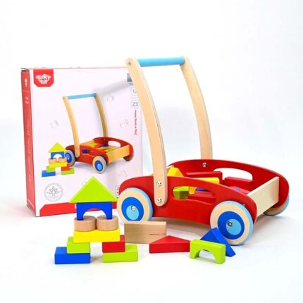Tooky Toy Дрвена проодувалка со шарени дрвени коцки, црвена